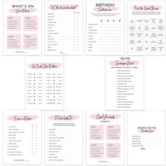 the printable birthday party game is shown in pink and white