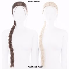 two white mannequins with long hair and braids on their sides, each wearing different hairs styles