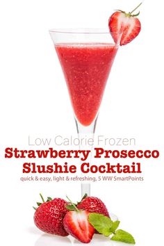 strawberry proseco slushie cocktail with strawberries on the side