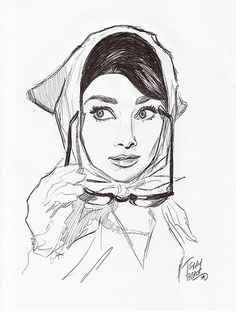 a black and white drawing of a woman wearing a scarf with a bow around her neck