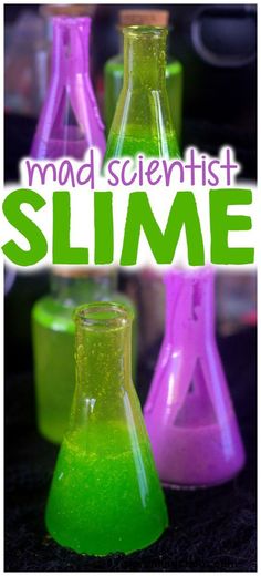 the words mad scientist slime are in front of some colorful flasks and beakles