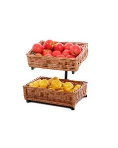 two wicker baskets filled with apples and oranges