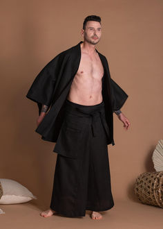 Men’s Linen Skirt TOKIO Haori Outfit, Long Linen Shirt, Linen Wrap Skirt, Long Linen Skirt, Haori Jacket, Skirts Outfits, Mens Linen Pants, Design Your Own Shirt, Outfits For Men