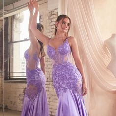 This Fitted Glitter And Lace Mermaid Gown Is Sure To Make A Statement At Your Next Special Occasion A Sheer Boned Corset Bodice Creates Definition And Structure, While Thin Straps Add A Touch Of Sophistication. This Sexy Look Is Complete With A Daring Sheer Mesh Side Hip Cut Out, Embellished With Lace Appliqu. Fabric: Stretch Satin Length: Long Color: Lavender Neckline: V-Neck Silhouette: Mermaid Sleeve: Sleeveless, Straps Back: Zipper Skirt: Flare Embellishments: Lace, Sequins Occasion: Romanti Lavender Evening Gown, Cut Out Prom Dresses, Prom Mermaid, Princess Vibes, Purple Wedding Dress, Wedding Reception Dress, Prom Ideas, Cinderella Dresses, Zipper Skirt