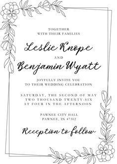 an elegant wedding card with flowers and leaves in black ink on white paper, featuring the word