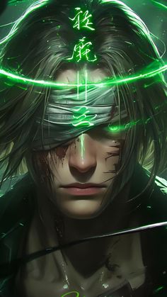 an anime character with long hair and green lights on his head, staring at the camera