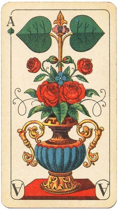 a playing card with roses in a vase