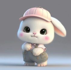 a small white rabbit with a pink hat and overalls, standing in front of a gray background