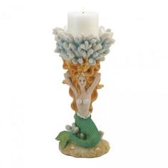 Mermaid and Coral Candle Holder - Adore the Decor Mermaid Sitting On A Rock, Mermaid Candle Holder, Coral Candle Holder, Mermaid Candle, Mermaid Sitting, Mermaid Candles, Candlestick Lamps, Candle Chandelier, Beautiful Mermaids