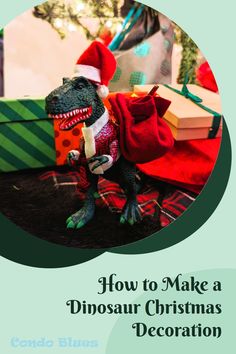 a dinosaur in a christmas outfit with presents