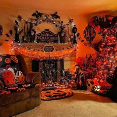 a living room decorated for halloween with decorations