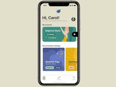 an iphone with the words h i carol on it, and two images of people doing yoga
