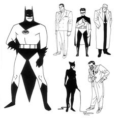 some black and white drawings of batman characters in suits, with one man wearing a suit