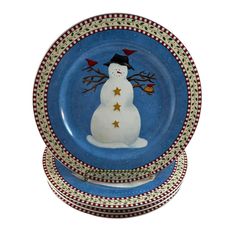 three plates with snowmen painted on them