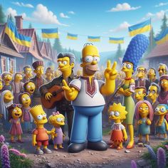 the simpsons family is standing in front of a large group of people, with one holding a guitar