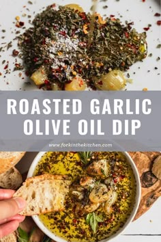 roasted garlic olive oil dip in a white bowl with bread and herbs on the side