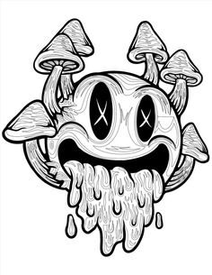 an image of a cartoon character with mushrooms on it's head and eyes drawn in black and white