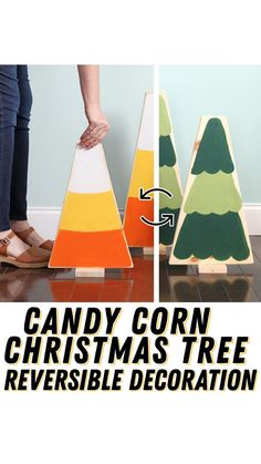 two different colored wooden christmas trees with text overlay that reads candy corn christmas tree reversible decoration