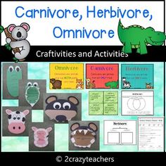 an animal themed activity for children to learn how to use the word carnivore, herbvore, omnivore and other animals