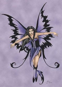 a drawing of a fairy with purple wings and black hair, holding her arms out in the air