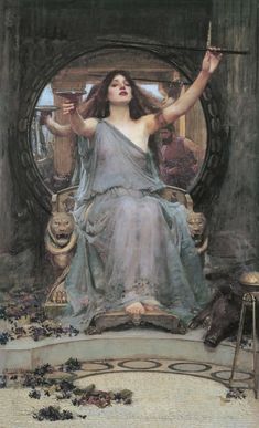 a painting of a woman sitting in a chair with her hands up and holding a cup