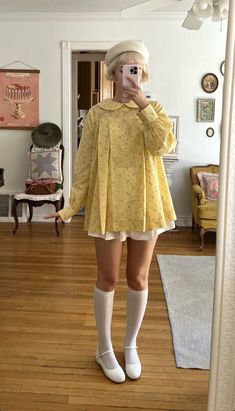 60s Rainy Day Outfit, 1950s Outfit Aesthetic, Yellow Accent Outfit, Outfit With White Socks, Amelie Outfit Aesthetic, Preppy 50s Outfit, Tshirt As Dress Outfit, Christmas Carnival Outfit