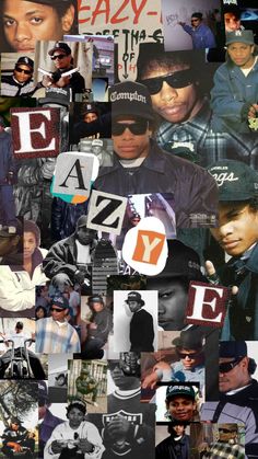 the collage is made up of many different pictures and words, including one that says eazy