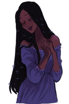 a drawing of a woman with long black hair wearing a purple dress and holding her hands to her chest