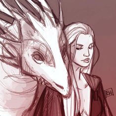 a drawing of a woman next to a dragon with her head turned back and eyes closed