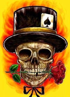 a drawing of a skull wearing a top hat and holding a rose in its mouth