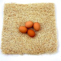 three eggs laying on top of straw in the middle of a square shape with one egg missing