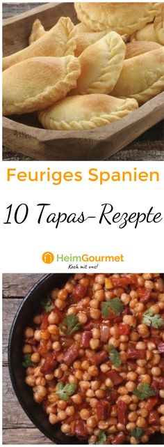 different types of food are shown in this collage with the words, feurges spanieln 10 tapas - regette