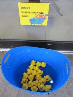 a blue bucket filled with yellow rubber ducks