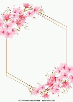 pink flowers on a white background with a gold frame for the text in the center