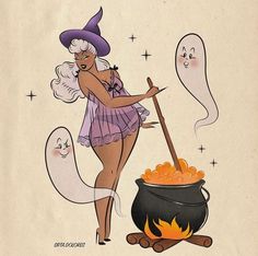 a woman dressed as a witch stirring the caulder