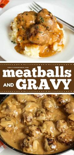 meatballs and gravy in a skillet with the words meatballs and gravy above it