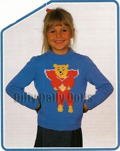 Vintage Super Ted intarsia/picture sweater knitting pattern to fit chest 20 - 34 inches. knitted in double knit yarn. IMPORTANT INFORMATION ABOUT THIS SALE: This listing is for a DIGITAL COPY of the Knitting Pattern, NOT the original paper pattern. The pattern will be made available for download once your payment has cleared and is then emailed to you in PDF format which can be opened on your computer using free Adobe software (download from www.adobe.com).  PLEASE NOTE: YOU WILL NOT BE SENT A PAPER COPY OF THE PATTERN(S) BY POST SKILLS LEVEL: INTERMEDIATE: Assumes an understanding of a variety of stitches, such as basic cables and lace, simple intarsia, use of double-pointed needles and knitting in the round needle techniques, ribbing, left leaning and right leaning decreases, (includes k Picture Sweater, Dk Yarn, Sweater Knitting Patterns, Vintage Knitting, Kids Pictures, Double Knitting