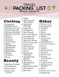 a travel packing list with the words beach vacation written in black and white on it