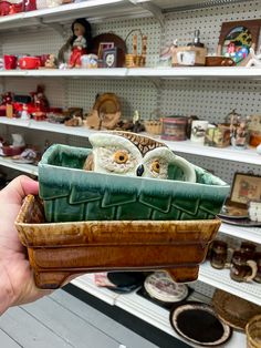 a person holding an owl figurine in a basket