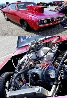 two pictures of an old muscle car with the hood up and the engine in place