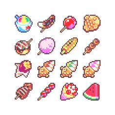 pixel art with different types of food and drinks on it, including watermelon, candy