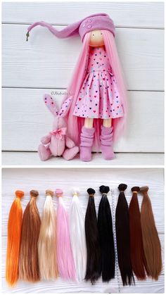 the doll is next to several different colored hair