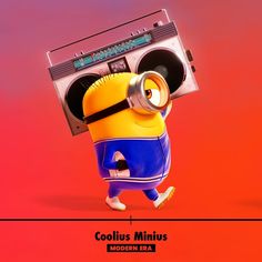 a minion with a boombox on its back and headphones in his ears