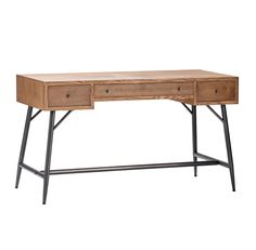 a wooden desk with two drawers and metal legs