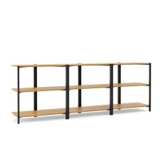 three wooden shelves with black metal legs and one shelf has two empty shelves on each side