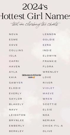 a poster with the names and dates for hotels girl names in black on a white background