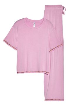 Short-sleeve pajamas in a blissfully soft knit you'll want to live in are traced with colorful embroidery. 21 1/2" top length; 28" inseam; 10 1/2" leg opening; 11 1/2" front rise; 14 1/2" back rise Top has crewneck; short sleeves Pants have drawstring waist 95% rayon, 5% spandex Machine wash, line dry Imported Cozy Spring Loungewear Tops, Relaxed Fit Matching Set Sleepwear, Pink Relaxed Fit Sleep Tops, Casual Matching Set Tops For Sleepover, Comfortable Pink Sleep Tops, Cotton Lounging Matching Set Top, Comfortable Pink Tops For Lounging, Spring Sleepwear Short Sleeve Stretch, Comfortable Pink Top For Lounging