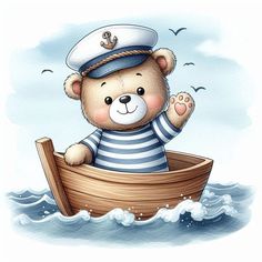 a teddy bear in a sailor's hat is sitting on a boat and waving