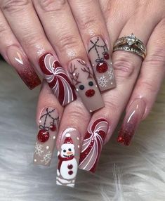 Christmas Art Nails, Cartoon Christmas Nails, Red Christmas Nails, Cute Christmas Nails, Christmas Gel Nails, Christmas Nail Art Designs, Christmas Nails Acrylic, Nail Art Kit, Uñas Acrilicas