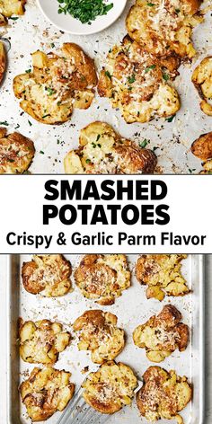 Crispy smashed potatoes with garlic parmesan Pan Smashed Potatoes, Crispy Garlic Smashed Potatoes, Crispy Garlic Parm Smashed Potatoes, Roast Parmesan Potatoes, Easy Party Potatoes Recipe, Oven Crispy Parmesan Potatoes, Potatoes Parmesan Garlic Oven Baked, Loaded Mini Baked Potatoes, Parmesan Crusted Potatoes Smashed